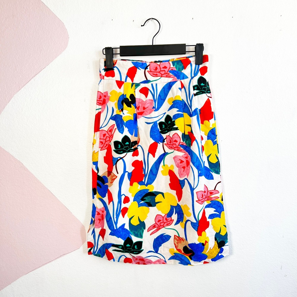 J Crew Floral Midi Skirt Women's Sz 0 Linen Blend Coastal Vacation‎ Beach